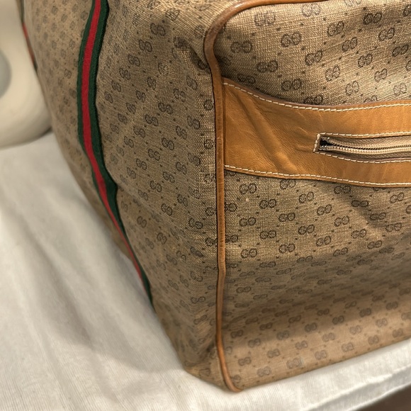 Gucci Duffle Bag GG Logo Canvas Brown Leather Trim Folding Travel Carry On - Picture 6 of 13